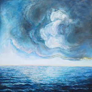A dramatic seascape painting with a large, swirling cloud formation dominating the sky. The ocean below is a deep blue, reflecting the light from the horizon.