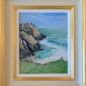 Coastal landscape painting featuring a rocky cliff, crashing waves, and a distant tower.