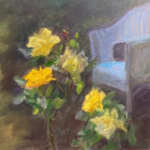 A painting of bright yellow roses in the foreground with a muted, abstracted chair in the background. The expressive brushstrokes and impressionistic style highlight the contrast between the vibrant flowers and the soft, dark setting.