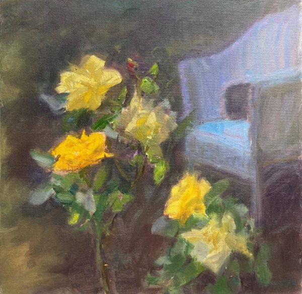 A painting of bright yellow roses in the foreground with a muted, abstracted chair in the background. The expressive brushstrokes and impressionistic style highlight the contrast between the vibrant flowers and the soft, dark setting.