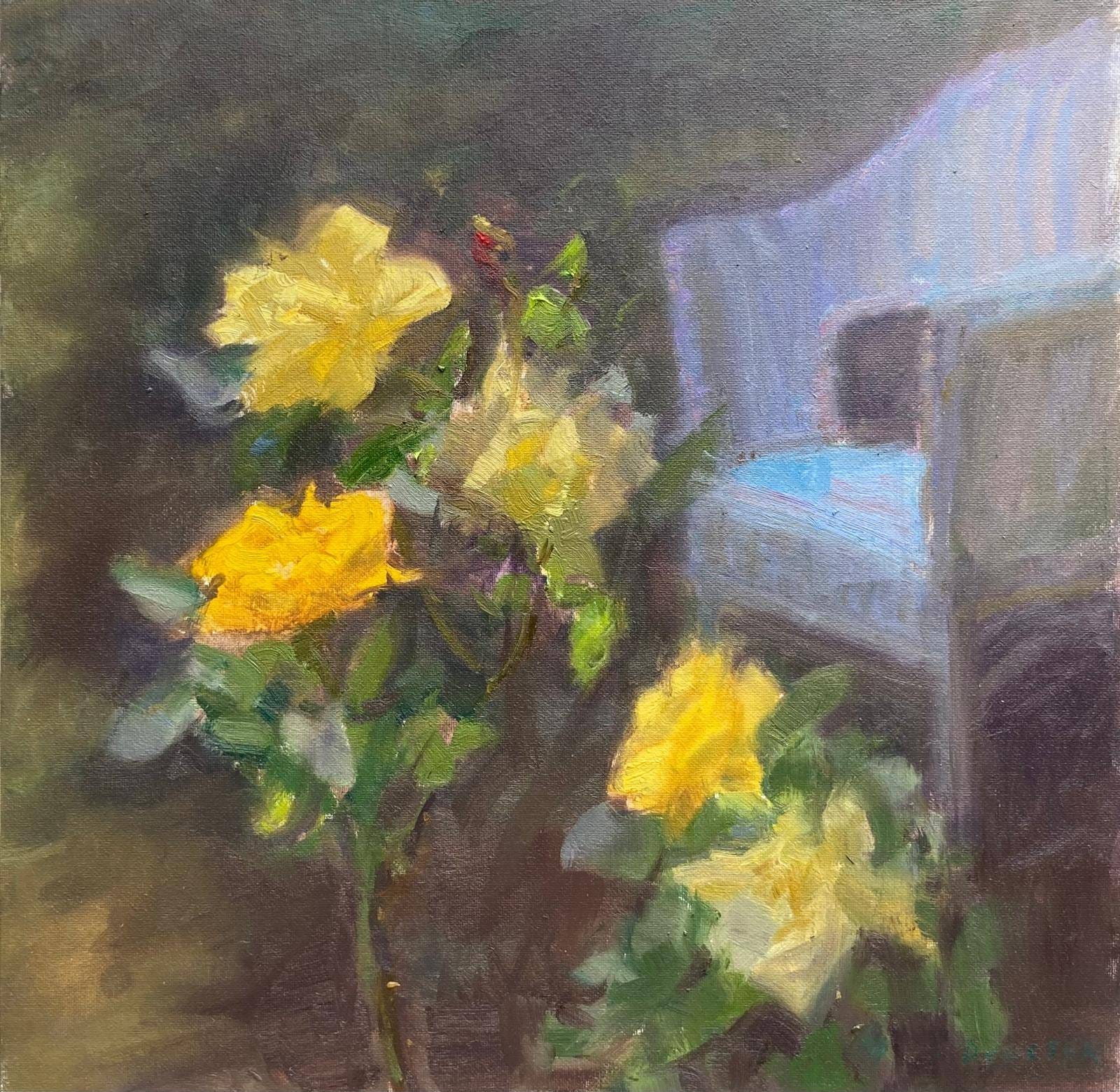 A painting of bright yellow roses in the foreground with a muted, abstracted chair in the background. The expressive brushstrokes and impressionistic style highlight the contrast between the vibrant flowers and the soft, dark setting.
