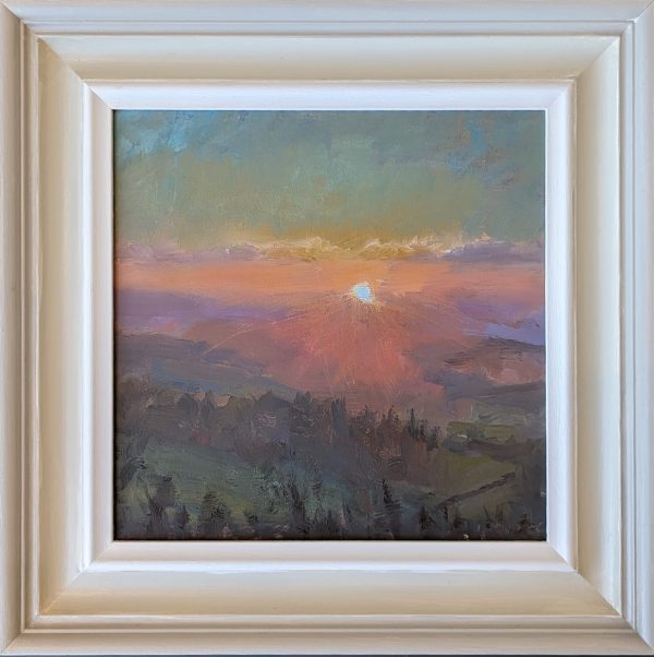 A painting of a vibrant sunset with soft hues of orange, pink, and purple blending into a greenish-blue sky. The sun sets over a peaceful landscape of hills and trees, radiating light across the scene.